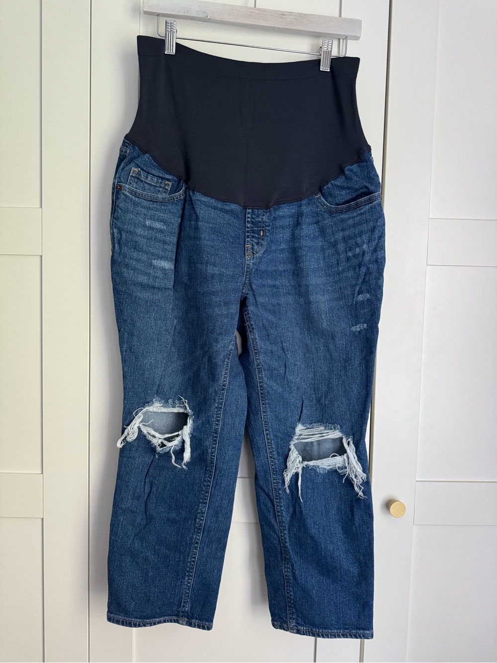 Old Navy Maternity Boyfriend Distressed Blue Denim Jeans Full Panel Sz 14 Short